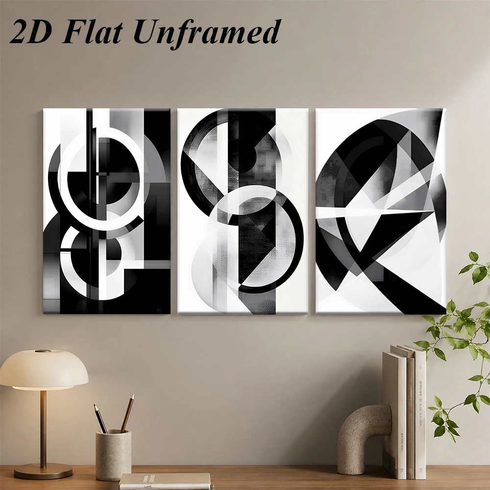 1 set of modern minimalist black and white abstract triptych frameless decorative paintings 2D plan