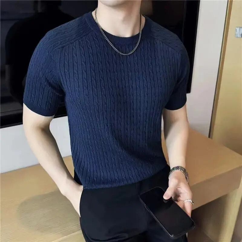 Korean Style Elasticity Knitted Round Neck Short Sleeved Men's T-shirt 2026 Summer New Solid Casual T-shirt Tops Men Clothing