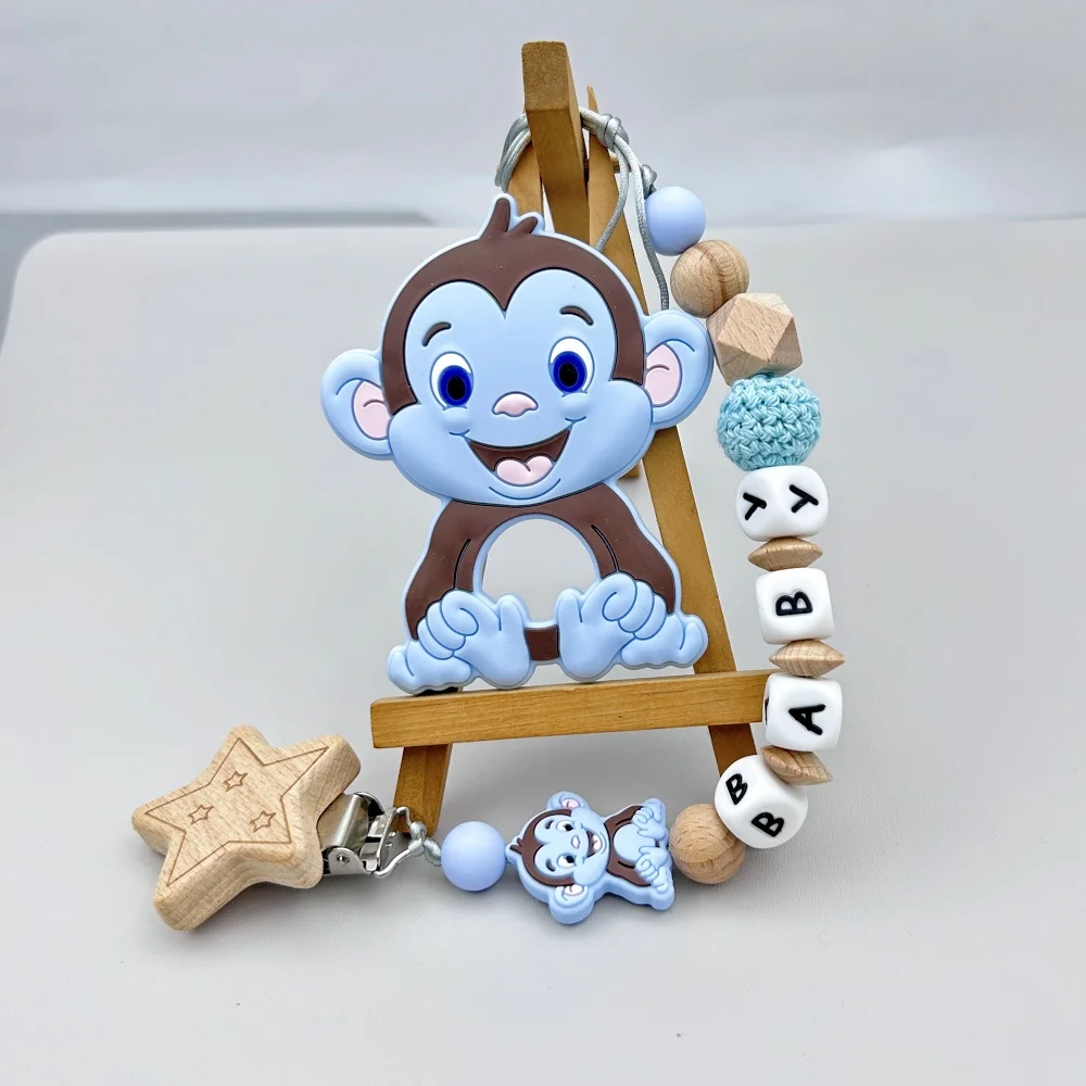 Personalized English Wooden Letters Name Baby Silicone MonkeyPendant Pacifier Clips Chains Holder Teether Baby Kawaii Toy Gifts