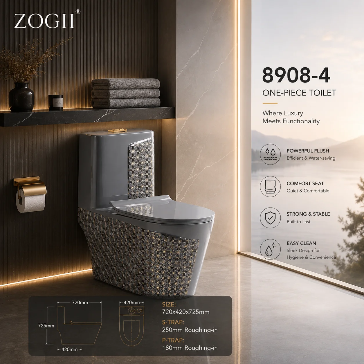 ZOGII CE Grey One Piece Ceramic Toilet With Slow Closing And Siphon Jet Flushing Modern European & American High-End Style