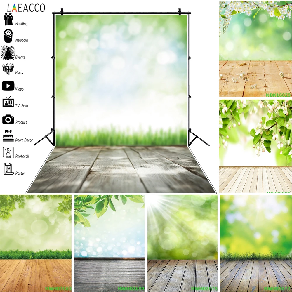 

Spring Light Bokeh Grass Flowers Party Decor Backdrop Wooden Floor Backgrounds Customized Portrait Photography Backdrops