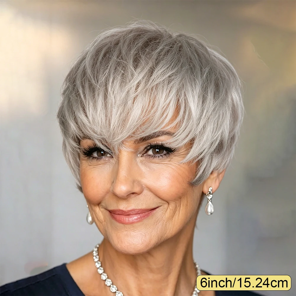 Silver Gray Short Layered Textured Pixie Cut Human Hair Wig with Bangs, Brazilian Virgin Remy Hair Natural Ash Gray Straight Short Pixie Cut Wig with Fringe, Full Machine-Made For Daily/Party Wear