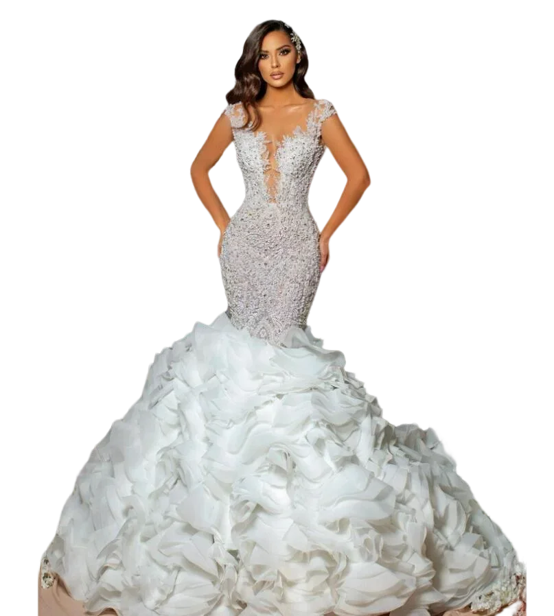 

Customized Modern Cap Sleeves Beading Mermaid Wedding Dresses Robe De Mariée 2023 Illusion Back Tiered Ruffles Bridal Gowns