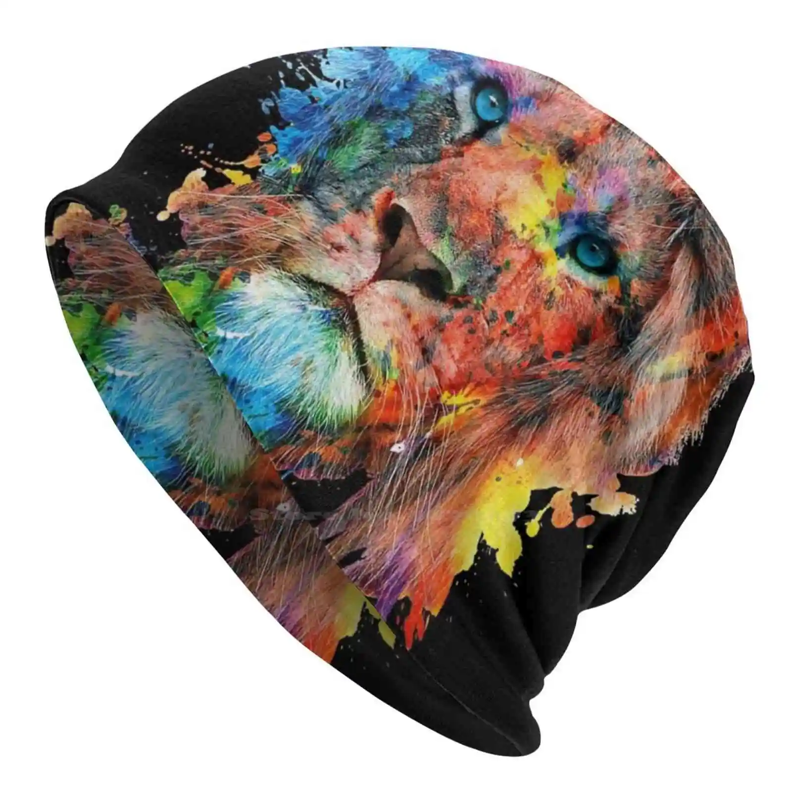 Lion Knitted Hat Warm Beanie Outdoor Caps Wild Cats Africa Animals Lions Watercolor Colorful Artshop Artgallery Streetart