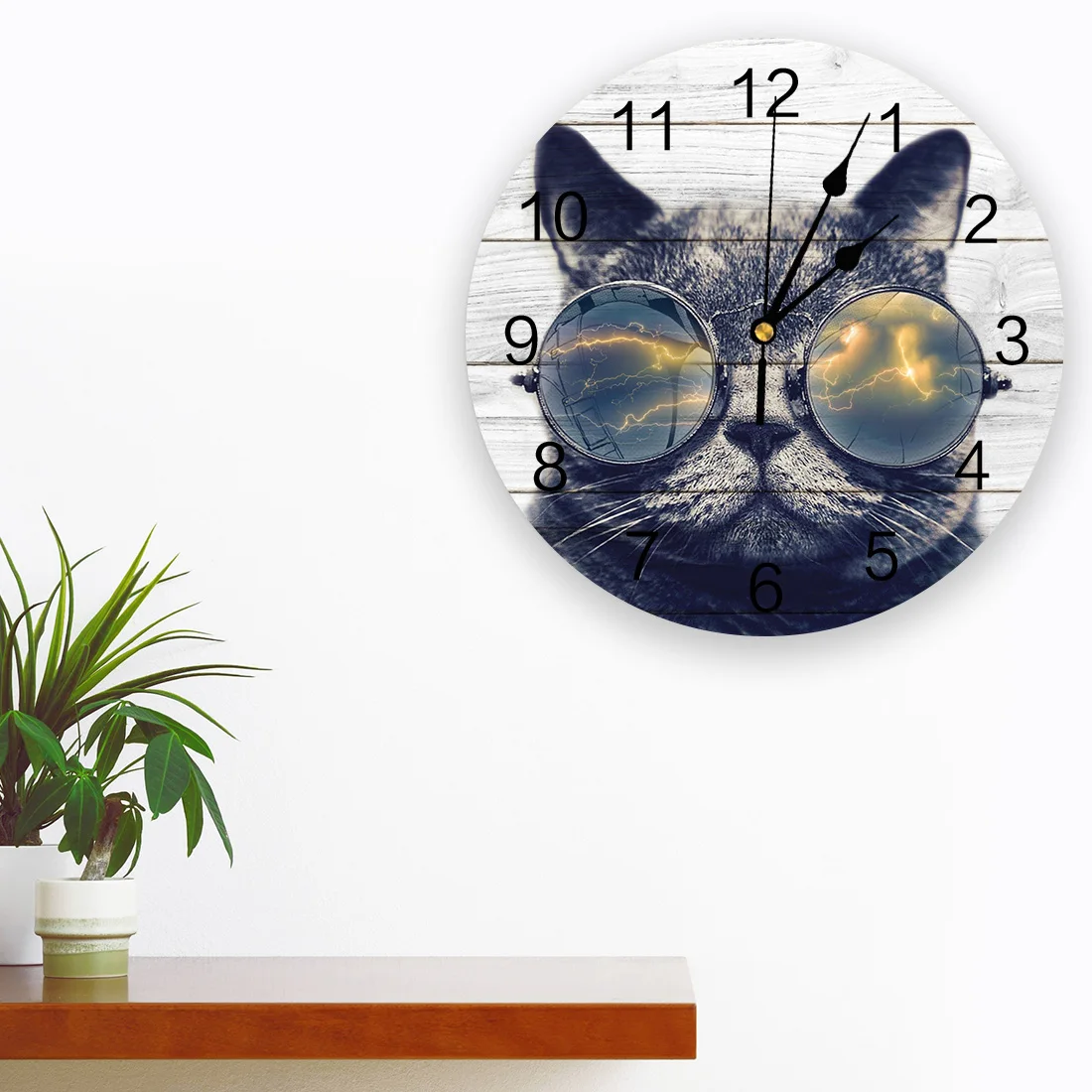 Cat With Sunglasses On Wooden Board Texture Creative Wall Clock For Home Office Decoration Living Room Bedroom Hanging Watch