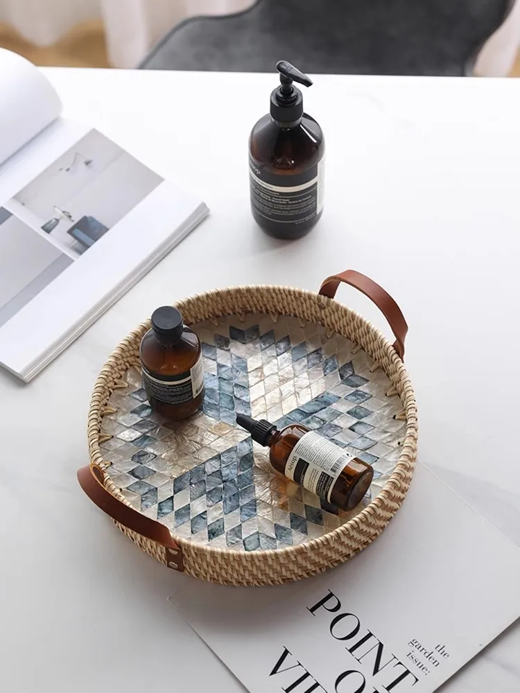 Light Luxury Style Living Room Desktop Decoration Storage Tray Hand-Woven Rattan Originality Storage Basket Jewelry Storage Tray