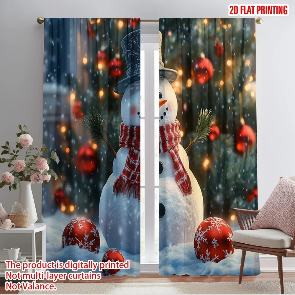 2pcs,2D plane printing Pattern Curtains Cute Snowman Christmas Tree_e Polyester Fabric (without rod) Home Decor Use for Living