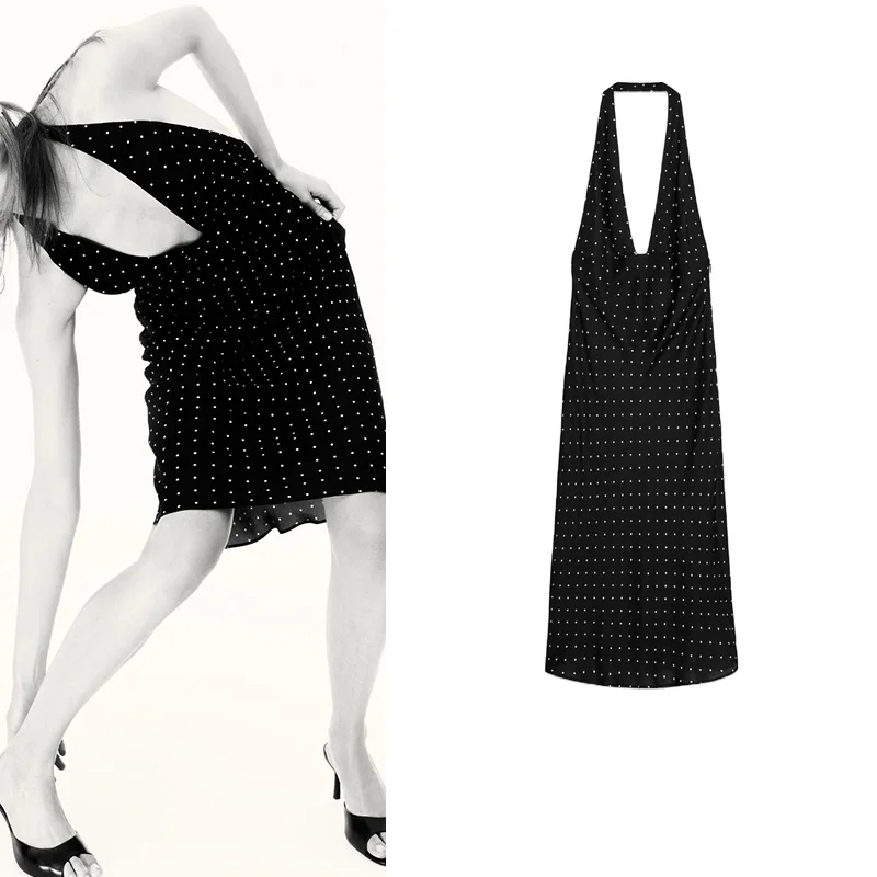 فستان صيفي جديد مثير بدون ظهر بتصميم A-Line، بخطوط نقطية، خط عنق على شكل V، أكمام متوسطة الطول، خصر مرتفع، مناسب للتنقل اليوم...