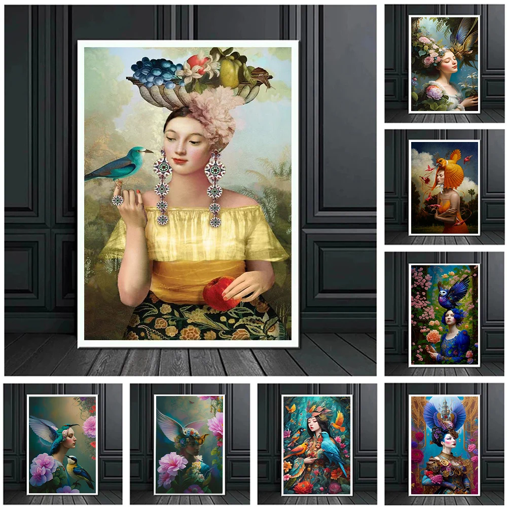 

Surrealism Birds Woman Art Poster Prints For Living Room Home Decor Abstract Flower Head Girl Canvas Painting Wall Art Gift