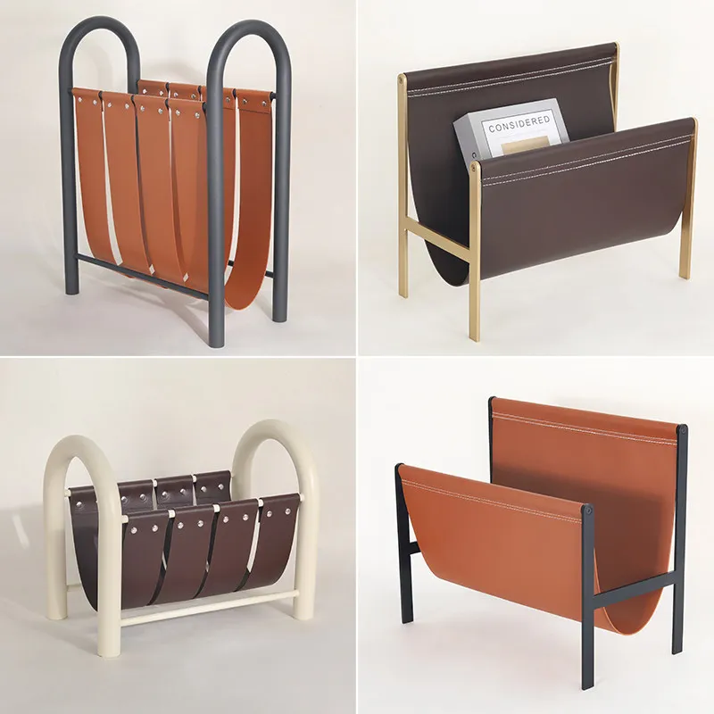 Nordic medieval ebony color book newspaper shelf floor leather magazine bookshelf
