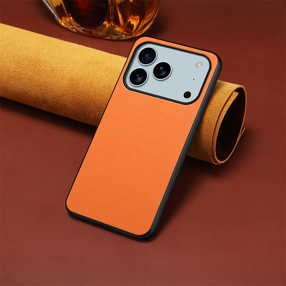 

Denior Litchi Pattern Calfskin Leather Case for iPhone 17 Pro Max 17 Air 11 12 13 Pro 14 15 Plus 16E Skin Feel Soft Bumper Cover