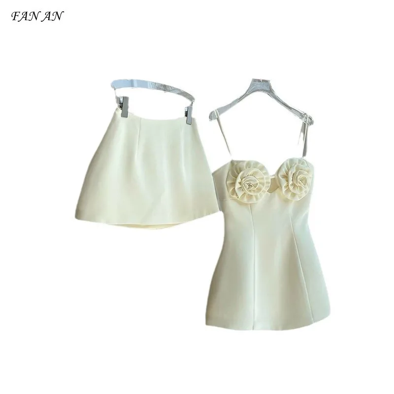 

Women's 2024 Summer Early Autumn New Fashion Personality Three-dimensional Flower Halter Top Skirt Set Ladies Two-piece Dress