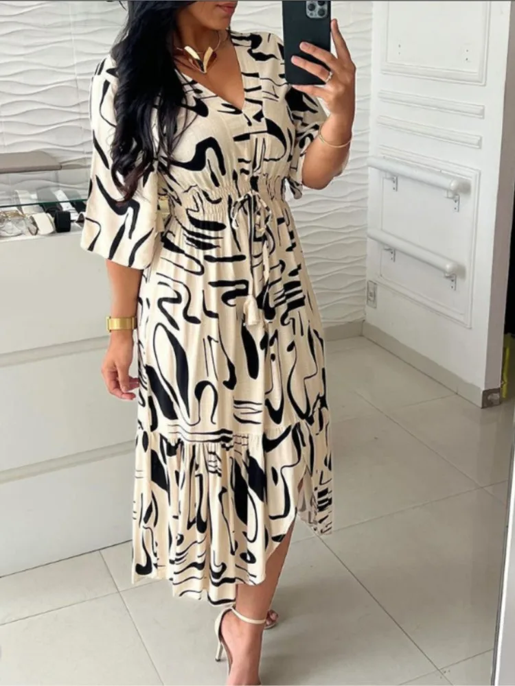 Summer Bohemian Wommen Print Midi Dresses 2024 Fashion V-Neck Half Sleeve Lace-up A-Line Dress Female Casual Dress Vestido