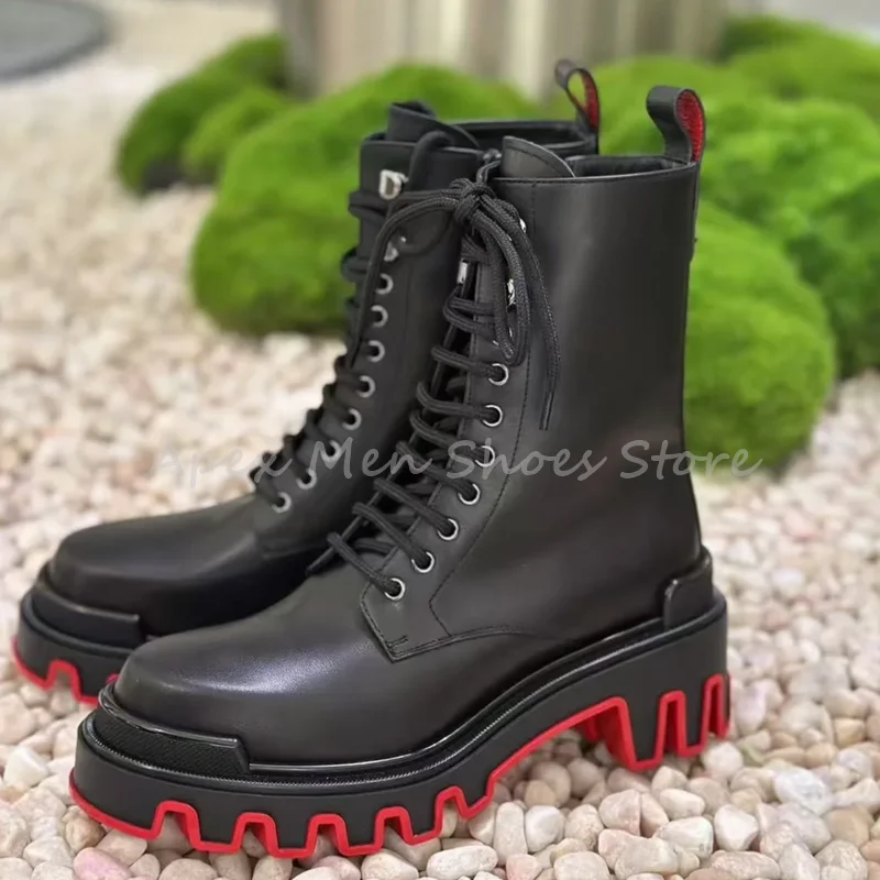 

Мужские ботинки до середины икры из натуральной кожи, черные высокие сапоги на толстой платформе со шнуровкой, красная линия, винтажная осенняя повседневная уличная обувь