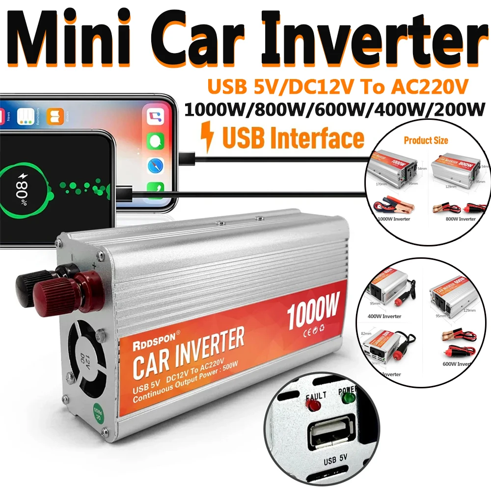 

Cars Inverter Converter 600W 800W 1000W 50Hz Sine Wave DC12V AC220V Charger Converter Auto Adapter Power Station w/ USB Charging