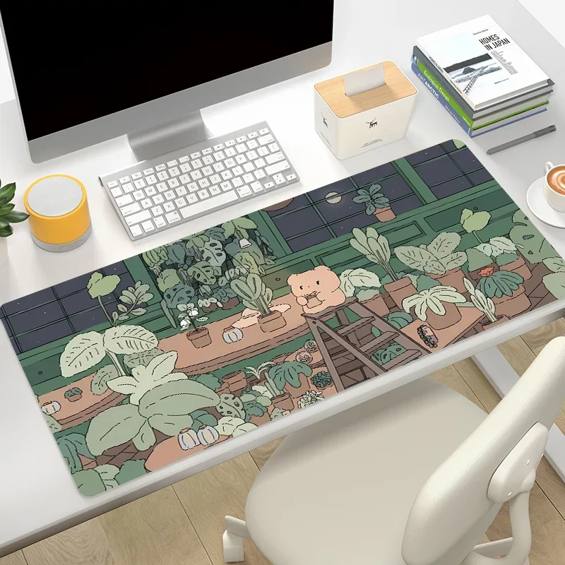 Cute Mouse Pad 900x400 Green Plant Bunny Bear Computer Desks Mousepad Anime Desk Accessories Gamer Cabinet Games Keyboard Mat Pc