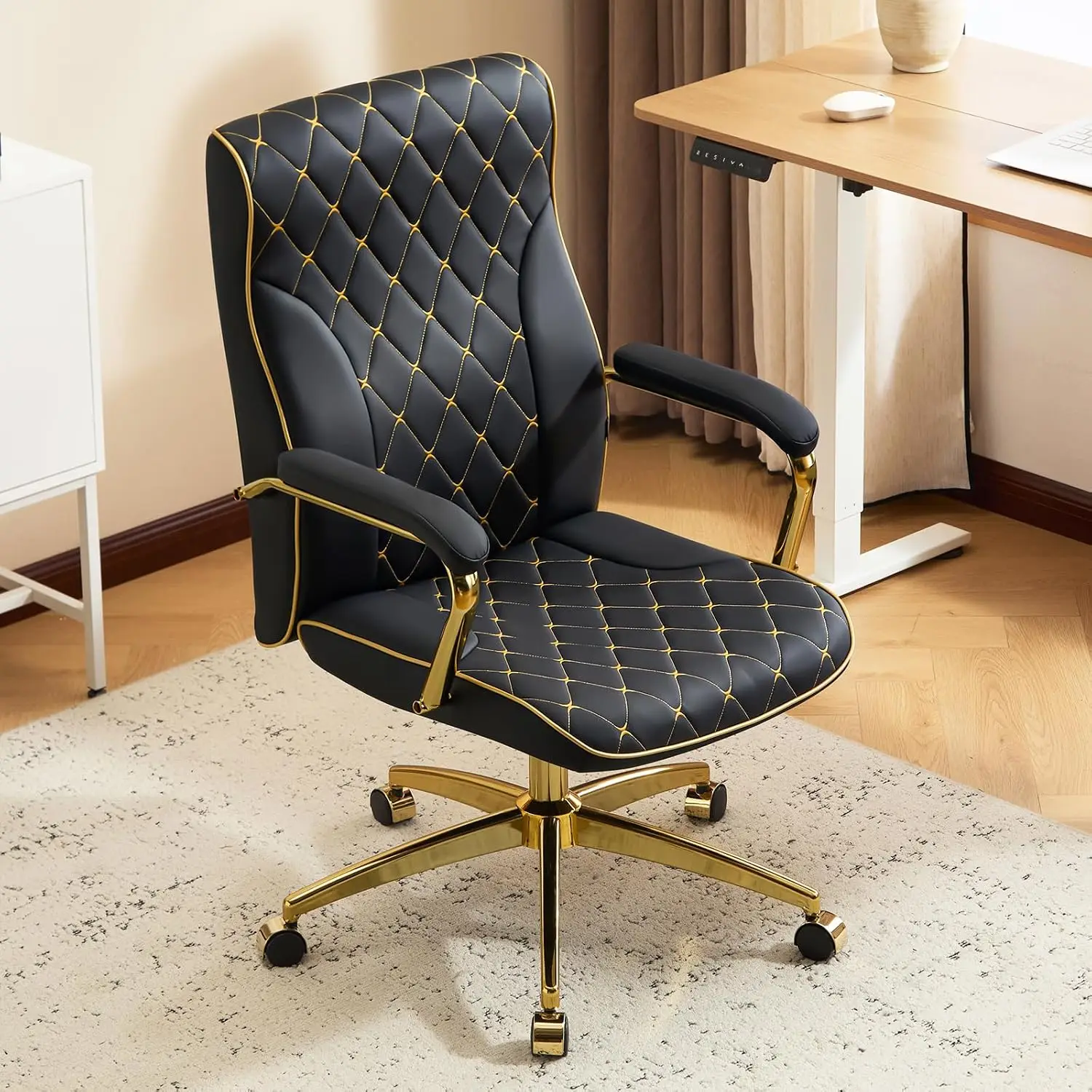 Black & Gold Leather Office Chair Adjustable Vanity Padded Armrest Computer Chair with Wheels, Customized