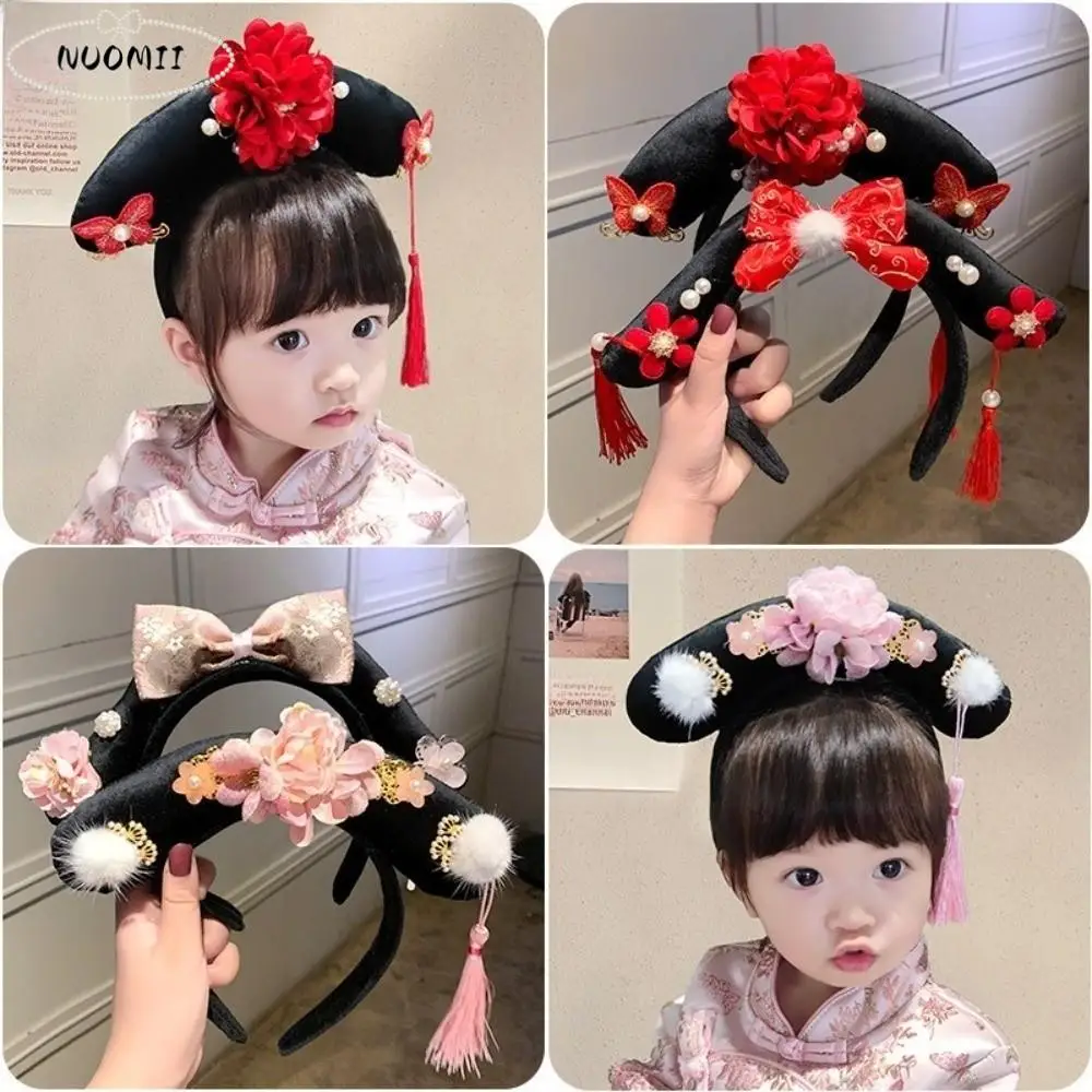 

Классическая повязка на голову Hanfu с цветком и кисточкой в китайском стиле, головной убор с жемчужной короной, обруч для волос в древнем стиле, головной убор