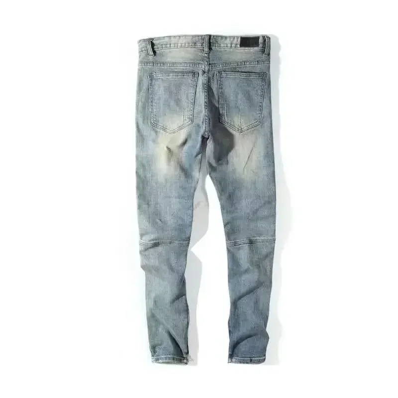 Male Cowboy Pants Punk Broken Jeans For Men Slim Fit Trousers Ripped Skinny Torn Tight Pipe With Slits Holes Stylish Hot Denim