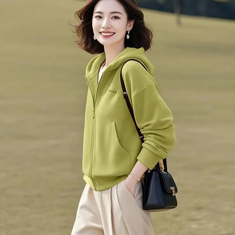 High-End Women's Large Size Sweatshirt Jacket Spring Autumn New Style Small Figure Base Shirt Hooded Top Commute Style Loose Fit
