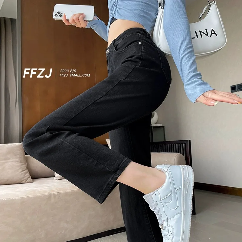 

High Waist Slim Fit Straight Leg Jeans Women's Versatile Loose Nine-Piece Small Stature 150 Black High Waist Jeans