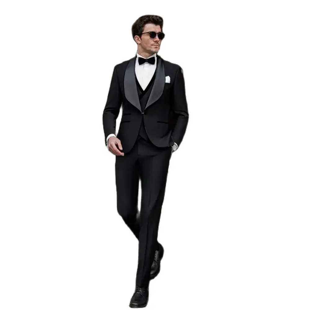 Elegant Black Suit for Men One Button Shawl Lapel Three Piece Jacket Vest Pants Male Clothing Wedding Party Business Blazer Set