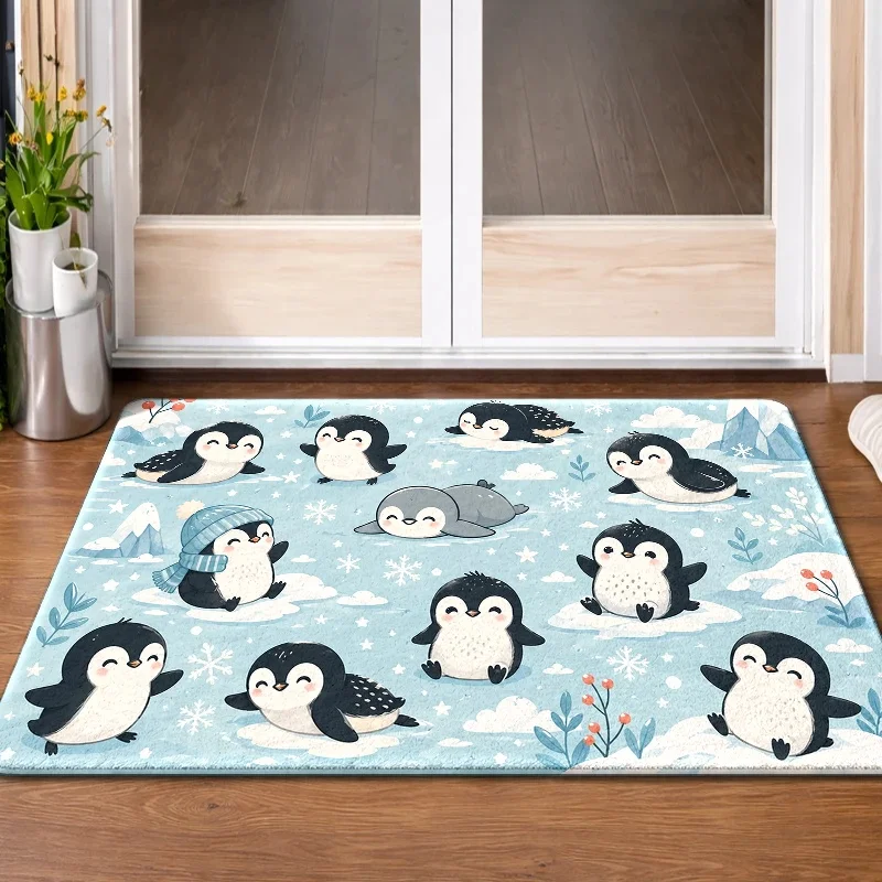 Cute Penguin Seal Winter Theme Floor Mat Adorable Arctic Animal Rug For Doorway Indoor Decor