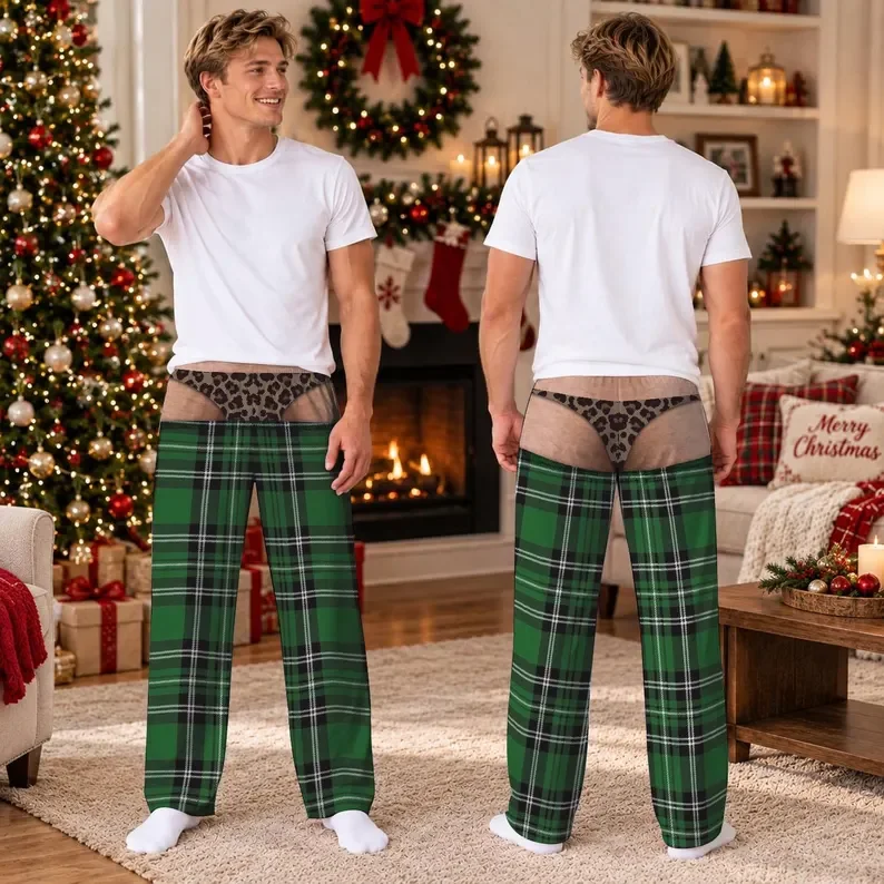 Fun 3D Fake Leopard Print Green Checkered Novel Humorous Gift Suitable for Holiday Parties, Casual Home Pants
