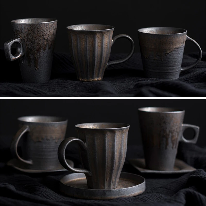 Japanese Style Ceramic Vintage Office Tea Water Cup Creative Chinese Retro Pottery Coffee Milk Mugs With Wooden Handle Drinkware
