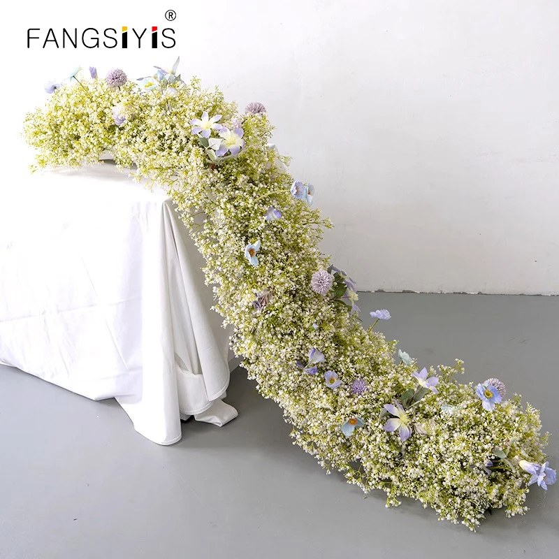 

Babysbreath Poppy Clematis Table Runner Flower Arrangement Wedding Table Decor Fake Floral Row Event Party Window Display Props