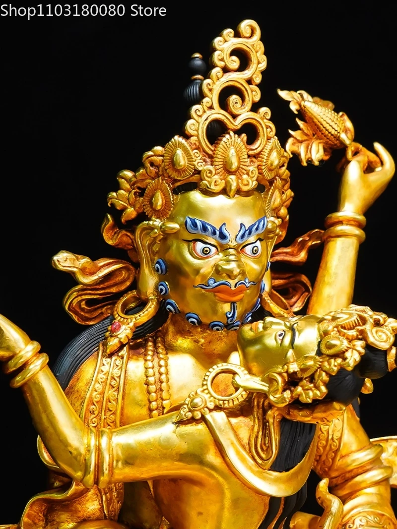 Gilded Copper Hand-Chiseled Black Jambhala Statue Inlaid&Hand-Painted Face Tiebtan Wujin Wealth Deity Sculpture,21cm,30cm