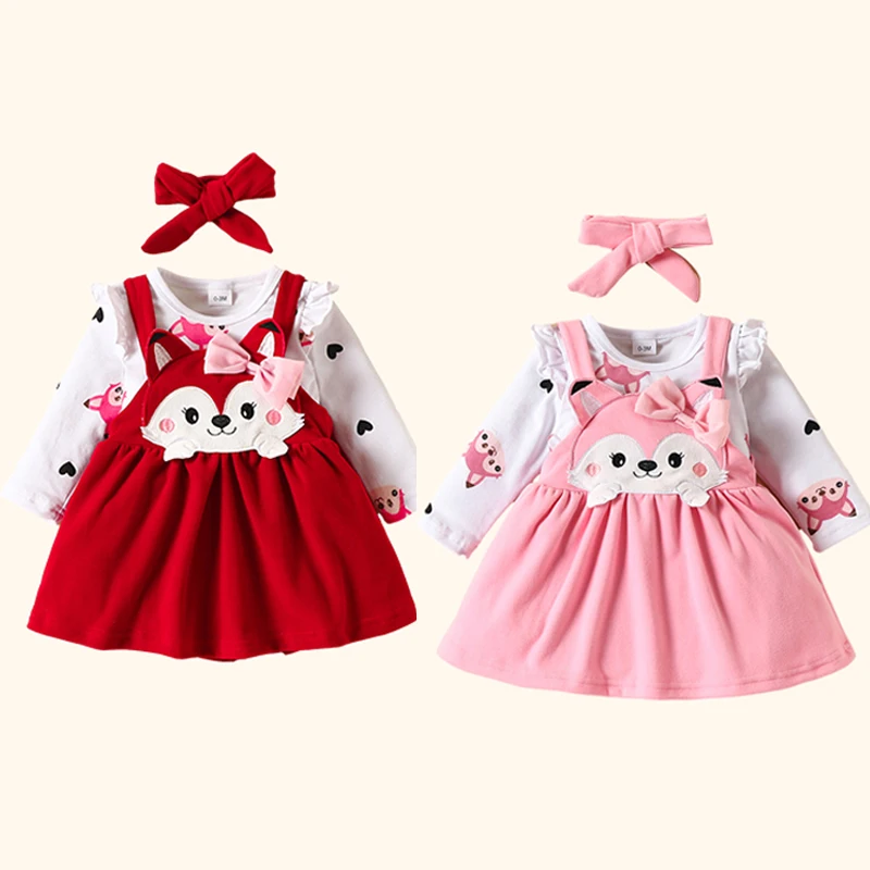 Autumn Winter Baby Romper+Suspender Dress+Bowtie Sets Cartoon Fox Print Newborn Girls Clothes Kids Outfits Toddler Baby Sets