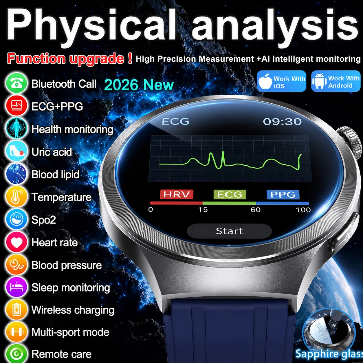 2026 New Diagnosis ECG Smart Watch Sport AI Accurate Uric Acid Blood Pressure Body Fat Five Organ Fitness Waterproof Smartwatch