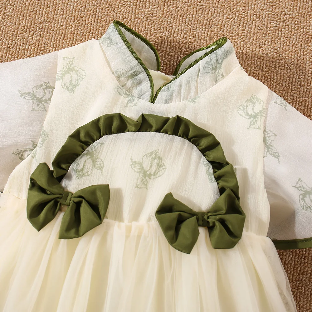 (0-3 Years Old) Summer Baby Girl Cotton Play Mesh Bow Chinese Style Dress Girl Cute Flower Short Sleeved Hanfu Dress