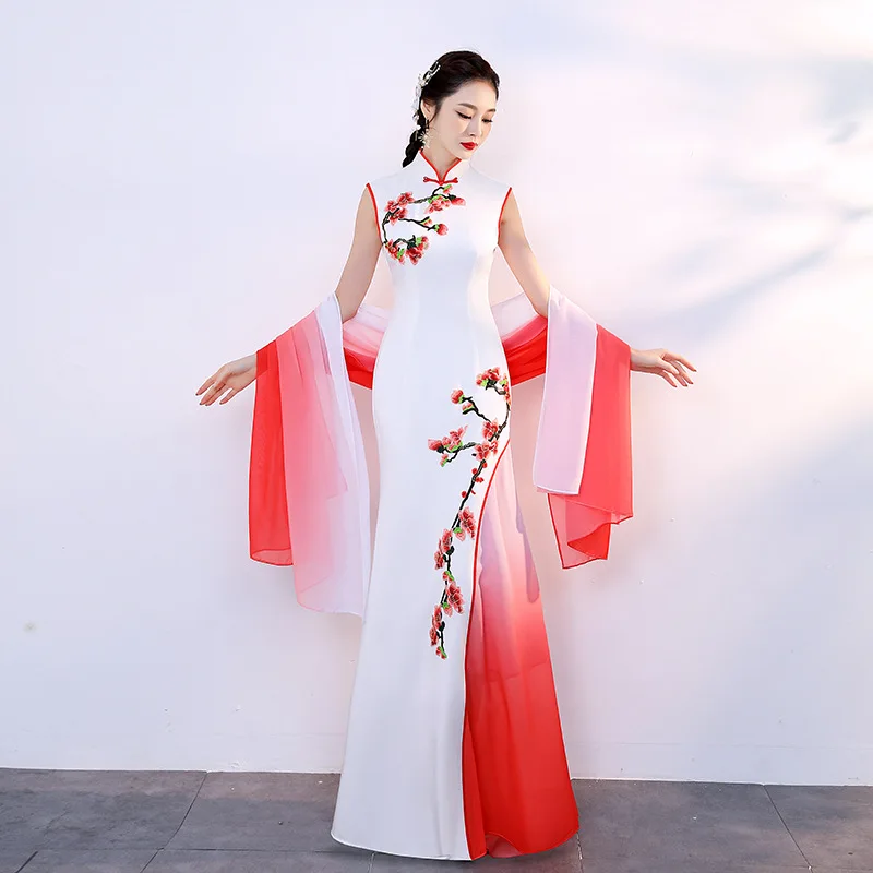 White Sexy Satin Chinese Dresses Gown Women Large Size Slim Qipao Long Sequins Evening Party Cheongsam Elegant Vestidos