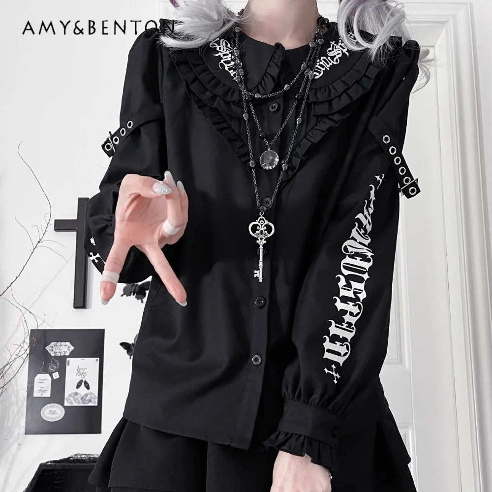 Harajuku Style Printed Subculture Dark Slim-fitting Long-sleeved Shirt Japanese Doll Collar Ruffle Edge Punk Shirt Womens Tops