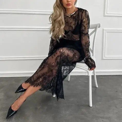 2025 primavera/verão casual em torno do pescoço cintura alta sexy preto perspectiva brocado renda manga longa saia solta conjunto para mulher