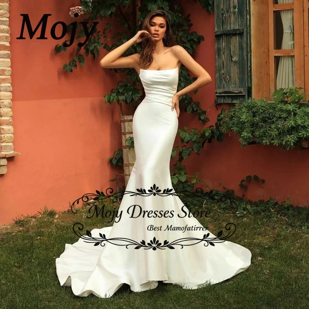 Mojy Simple Satin Mermaid Wedding Dresses Strapless Trumpet Bridal Gowns Sexy Backless Brides Dress Chic Robe De Mariee Customiz