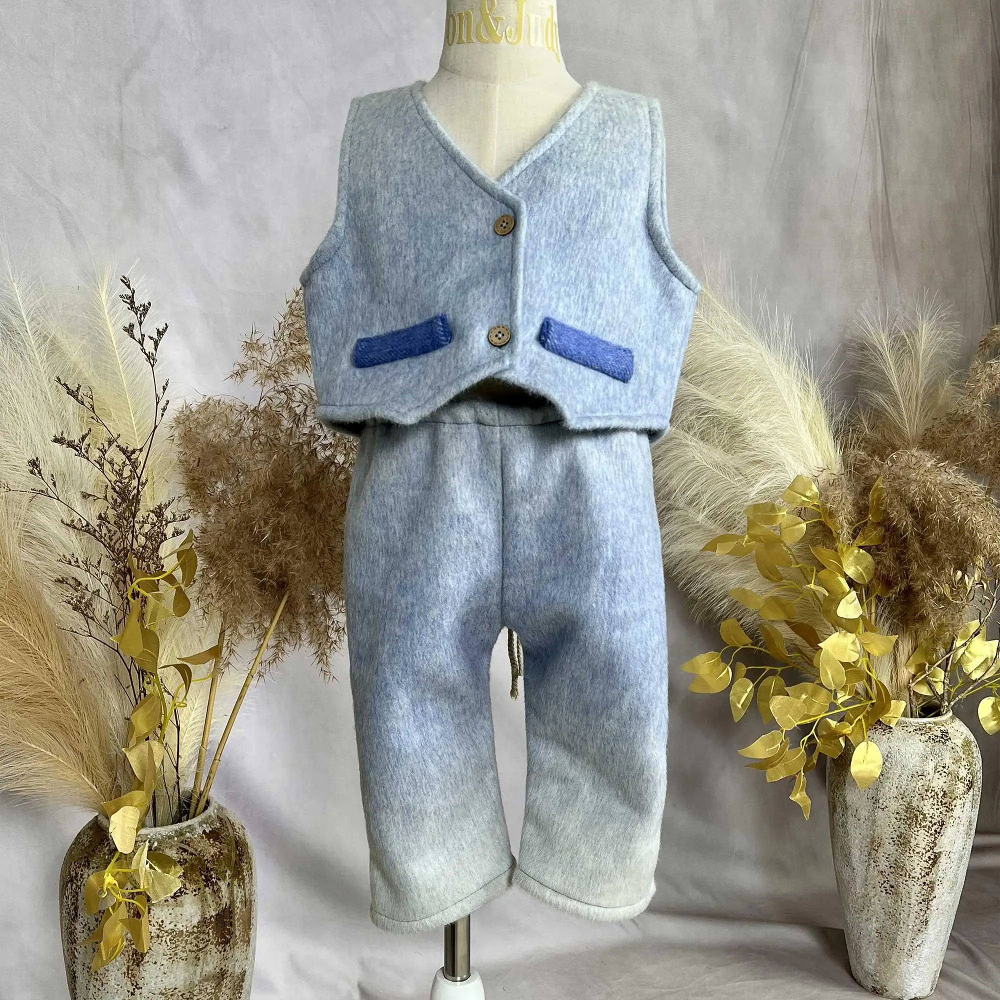 Don&Judy Wool Vest Pants For Little Girl Autumn Spring Light Blue Gradient Thickened Cloth Set For Photo Shoot