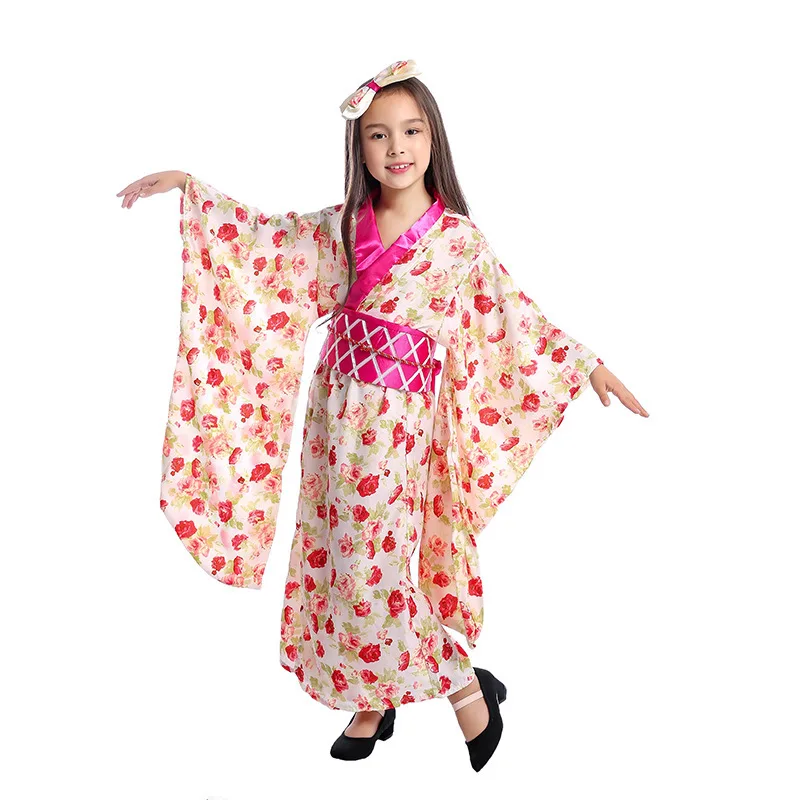 Japanese Girl Kimono Dress Traditional Yukata Stage Performance Dance Dress Kid Halloween Cosplay Costume Girls' Japanese Kimono