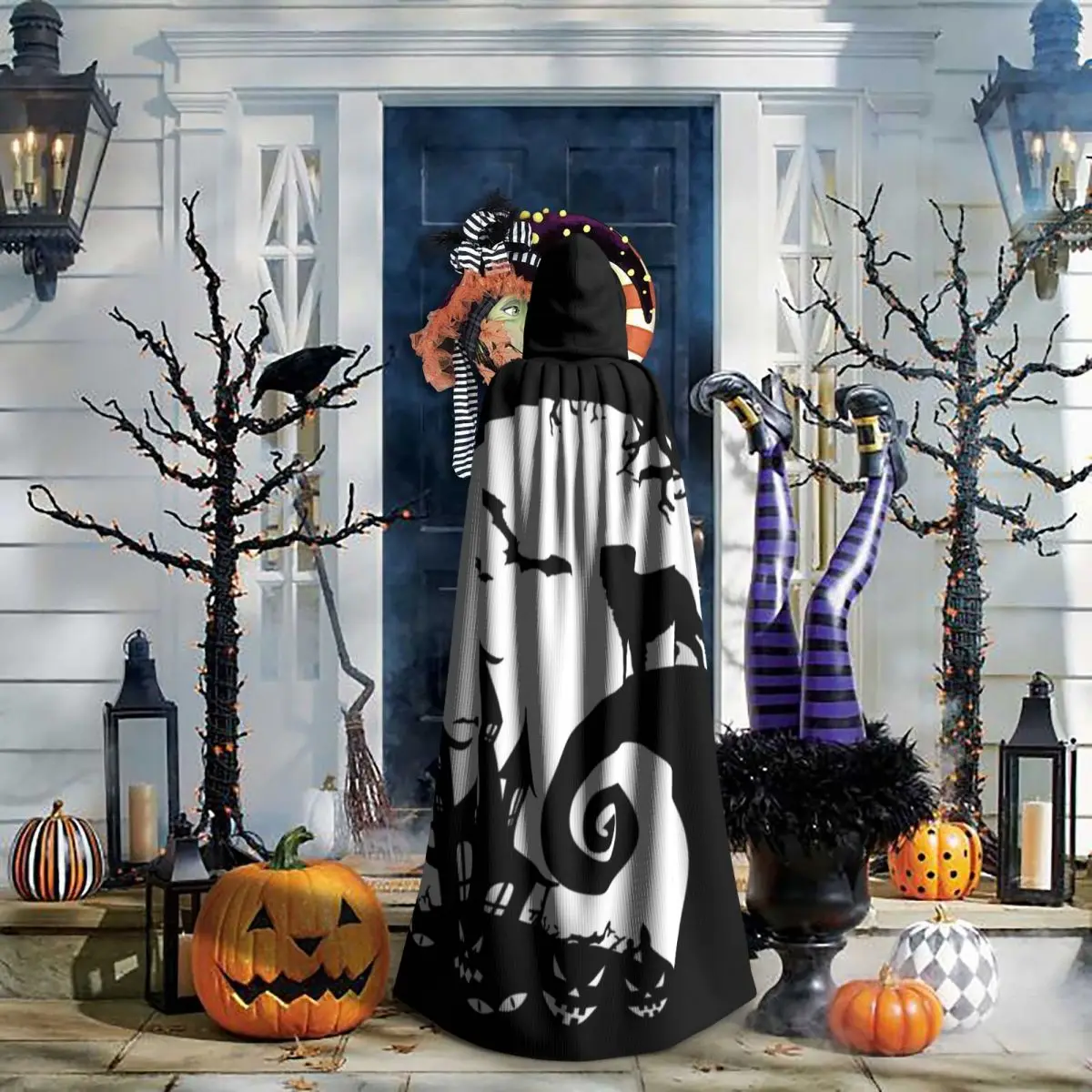 Saint Bernard Dog And Moon Halloween Long Hooded Cloak Witch Medieval Costume Cosplay Cape HalloweenCoat Adult Unisex