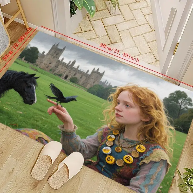 

1PC Mystical Fantasy Redhead Girl with Raven & Black Horse Doormat, Castle Landscape Art Print Floor Mat, Whimsical Fairy Tale N