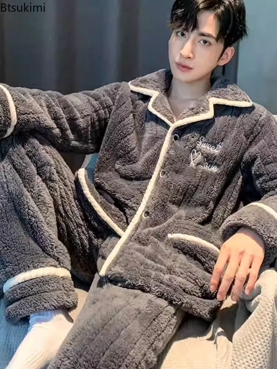 أطقم بيجامات شتوية للرجال من الصوف المرجاني سميكة دافئة بأكمام طويلة بنطلون ملابس نوم 2 قطع ملابس منزلية مريحة من الفلانيل الحراري #1