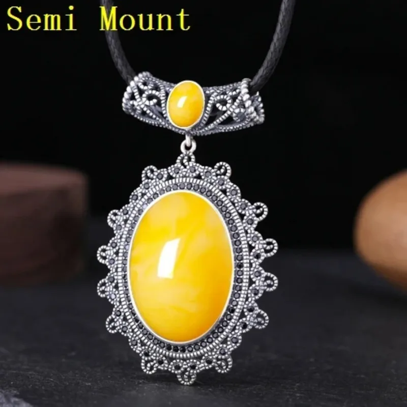 

DIY Art Deco 925 Sterling Silver Pendant Thai Silver Vintage 17x24mm 5x7mm Semi Mount Pendant Amber Agate Lapis Lazuli Setting