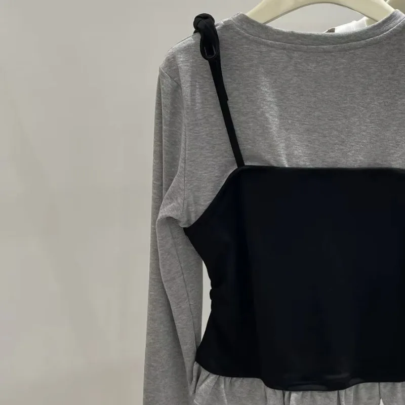 2026 spring Autumn Girls' Spliced Color Blocking Long Sleeved New Fake Two-piece Layered Korean fashion