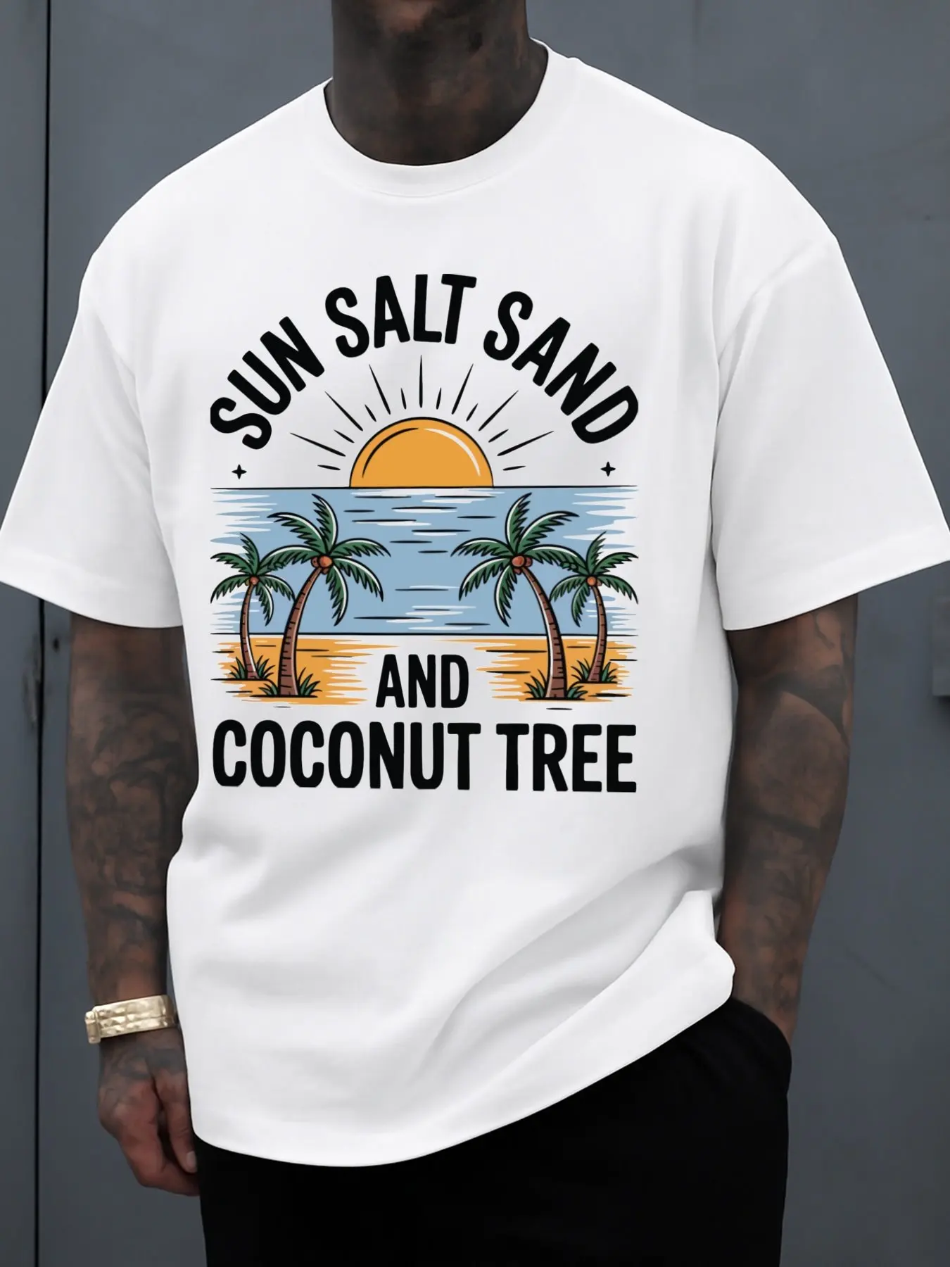 Sunshine Sea Salt Coconut Tree Men's Printed T-Shirt White Elegant Gift Spring and Summer Apparel Unique Design Summer Print Comfortable Loose Fashion T-Shirt Elastic Fabric