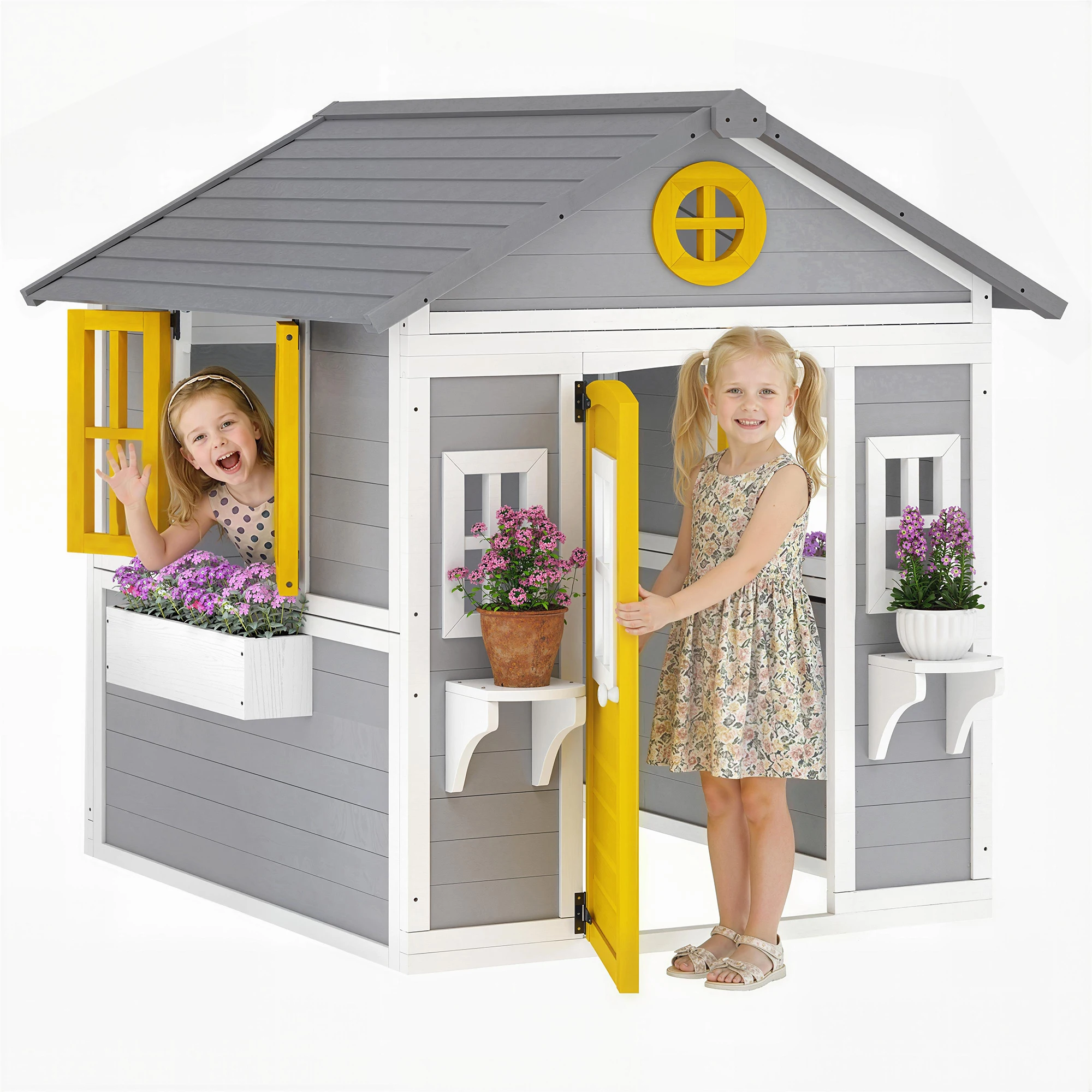 Cabane enfant extérieur - Outsunny - avec porte fenêtres et jardinières