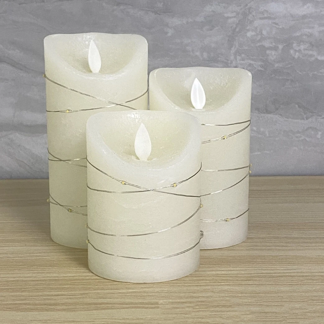 Pack of 3 Remote controlled Flickering Wavy edge Paraffin Pillar candle Embedded Led String light Xmas Wedding Ambient Lighting