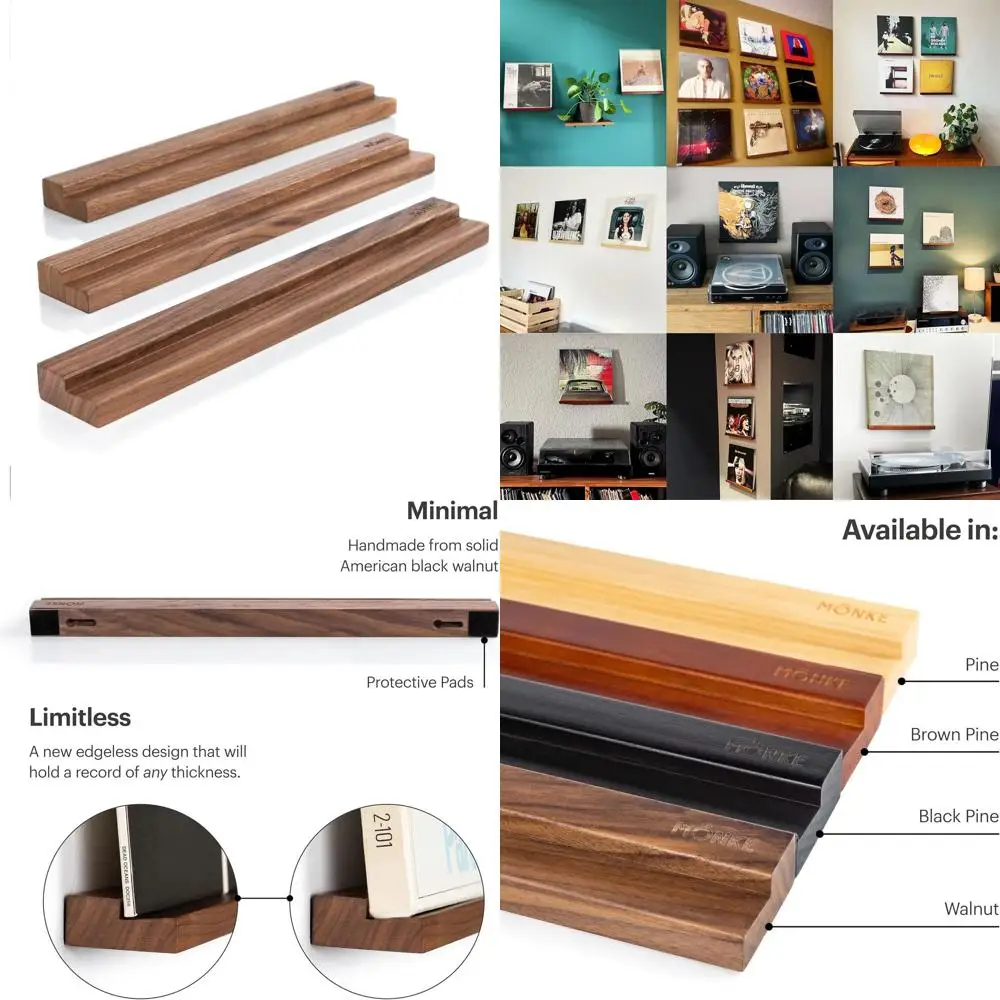 

Wall-Mounted Solid Walnut Record Shelf - 3 Display Ledges for Your Treasured Vinyls