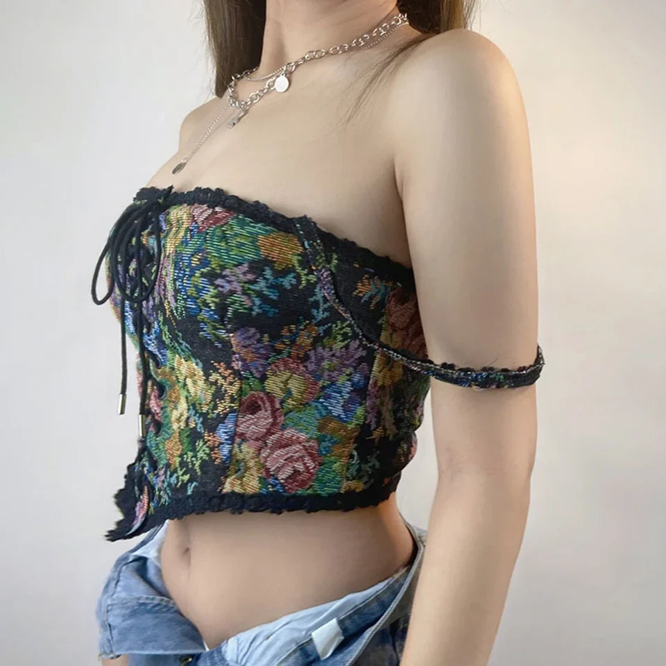 French Vintage Corset Tops Sexy Floral Corset Bustier Crop Top Tank Lace Up Camisole For Women Going Out Outfit